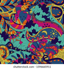 Tracery seamless pattern. Mehndi design. Ethnic colorful doodle texture. Curved doodling background. Vector