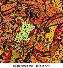 Tracery seamless pattern. Mehndi design. Ethnic colorful doodle texture. Curved doodling background. Vector