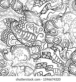 Tracery seamless pattern. Mehndi design. Ethnic monochrome binary doodle texture. Curved doodling black and white background. Vector