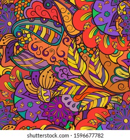 Tracery seamless pattern. Mehndi design. Ethnic colorful doodle texture. Curved doodling background. Vector