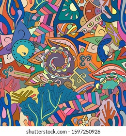 Tracery seamless pattern. Mehndi design. Ethnic colorful doodle texture. Curved doodling background. Vector