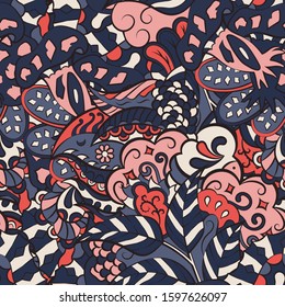 Tracery seamless pattern. Mehndi design. Ethnic colorful doodle texture. Curved doodling background. Vector