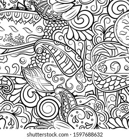 Tracery seamless pattern. Mehndi design. Ethnic monochrome binary doodle texture. Curved doodling black and white background. Vector