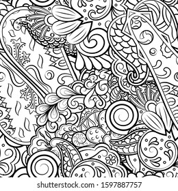 Tracery seamless pattern. Mehndi design. Ethnic monochrome binary doodle texture. Curved doodling black and white background. Vector
