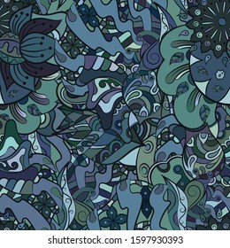 Tracery seamless pattern. Mehndi design. Ethnic colorful doodle texture. Curved doodling background. Vector