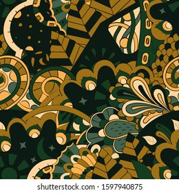 Tracery seamless pattern. Mehndi design. Ethnic colorful doodle texture. Curved doodling background. Vector