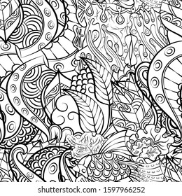 Tracery seamless pattern. Mehndi design. Ethnic monochrome binary doodle texture. Curved doodling black and white background. Vector