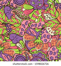Tracery seamless pattern. Mehndi design. Ethnic colorful doodle texture. Curved doodling background. Vector