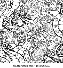 Tracery seamless pattern. Mehndi design. Ethnic monochrome binary doodle texture. Curved doodling black and white background. Vector