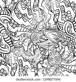 Tracery seamless pattern. Mehndi design. Ethnic monochrome binary doodle texture. Curved doodling black and white background. Vector