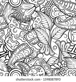 Tracery seamless pattern. Mehndi design. Ethnic monochrome binary doodle texture. Curved doodling black and white background. Vector