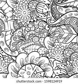 Tracery seamless pattern. Mehndi design. Ethnic monochrome binary doodle texture. Curved doodling black and white background. Vector