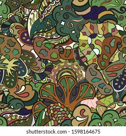 Tracery seamless pattern. Mehndi design. Ethnic colorful doodle texture. Curved doodling background. Vector
