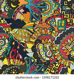 Tracery seamless pattern. Mehndi design. Ethnic colorful doodle texture. Curved doodling background. Vector