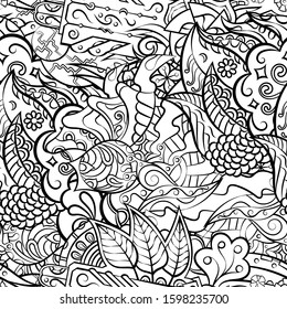 Tracery seamless pattern. Mehndi design. Ethnic monochrome binary doodle texture. Curved doodling black and white background. Vector