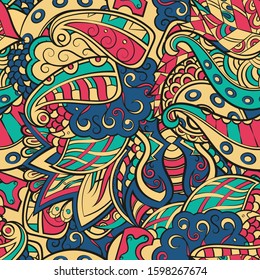 Tracery seamless pattern. Mehndi design. Ethnic colorful doodle texture. Curved doodling background. Vector