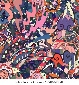 Tracery seamless pattern. Mehndi design. Ethnic colorful doodle texture. Curved doodling background. Vector
