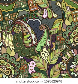 Tracery seamless pattern. Mehndi design. Ethnic colorful doodle texture. Curved doodling background. Vector