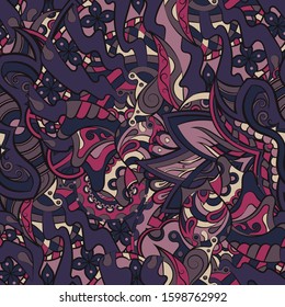 Tracery seamless pattern. Mehndi design. Ethnic colorful doodle texture. Curved doodling background. Vector