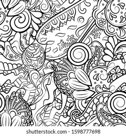 Tracery seamless pattern. Mehndi design. Ethnic monochrome binary doodle texture. Curved doodling black and white background. Vector