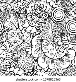 Tracery seamless pattern. Mehndi design. Ethnic monochrome binary doodle texture. Curved doodling black and white background. Vector