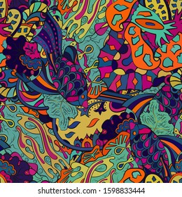 Tracery seamless pattern. Mehndi design. Ethnic colorful doodle texture. Curved doodling background. Vector