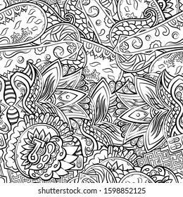 Tracery seamless pattern. Mehndi design. Ethnic monochrome binary doodle texture. Curved doodling black and white background. Vector