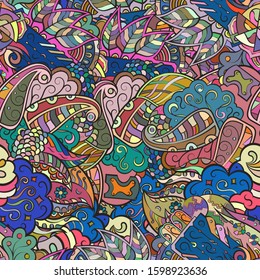 Tracery seamless pattern. Mehndi design. Ethnic colorful doodle texture. Curved doodling background. Vector