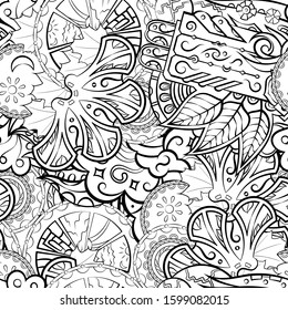 Tracery seamless pattern. Mehndi design. Ethnic monochrome binary doodle texture. Curved doodling black and white background. Vector