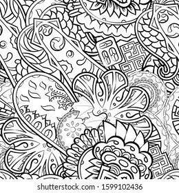 Tracery seamless pattern. Mehndi design. Ethnic monochrome binary doodle texture. Curved doodling black and white background. Vector