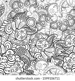 Tracery seamless pattern. Mehndi design. Ethnic monochrome binary doodle texture. Curved doodling black and white background. Vector