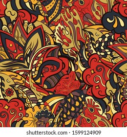 Tracery seamless pattern. Mehndi design. Ethnic colorful doodle texture. Curved doodling background. Vector