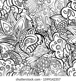 Tracery seamless pattern. Mehndi design. Ethnic monochrome binary doodle texture. Curved doodling black and white background. Vector