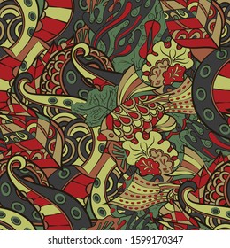 Tracery seamless pattern. Mehndi design. Ethnic colorful doodle texture. Curved doodling background. Vector