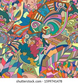 Tracery seamless pattern. Mehndi design. Ethnic colorful doodle texture. Curved doodling background. Vector