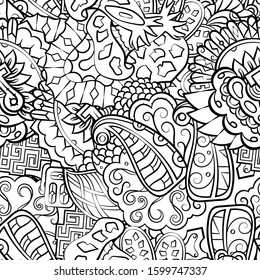 Tracery seamless pattern. Mehndi design. Ethnic monochrome binary doodle texture. Curved doodling black and white background. Vector
