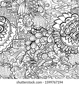 Tracery seamless pattern. Mehndi design. Ethnic monochrome binary doodle texture. Curved doodling black and white background. Vector
