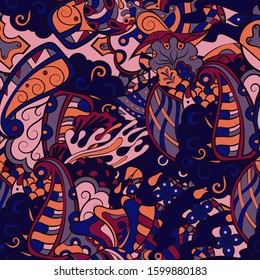 Tracery seamless pattern. Mehndi design. Ethnic colorful doodle texture. Curved doodling background. Vector
