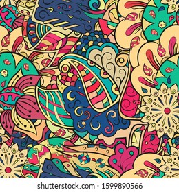 Tracery seamless pattern. Mehndi design. Ethnic colorful doodle texture. Curved doodling background. Vector