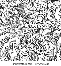 Tracery seamless pattern. Mehndi design. Ethnic monochrome binary doodle texture. Curved doodling black and white background. Vector