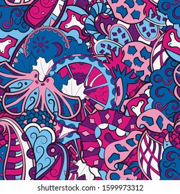 Tracery seamless pattern. Mehndi design. Ethnic colorful doodle texture. Curved doodling background. Vector