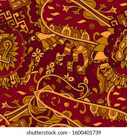 Tracery seamless pattern. Mehndi design. Ethnic colorful doodle texture. Curved doodling background. Vector