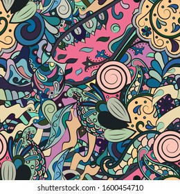 Tracery seamless pattern. Mehndi design. Ethnic colorful doodle texture. Curved doodling background. Vector