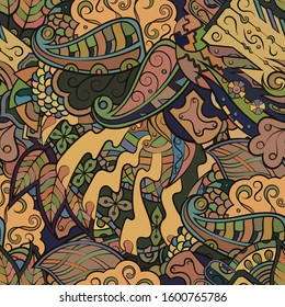 Tracery seamless pattern. Mehndi design. Ethnic colorful doodle texture. Curved doodling background. Vector