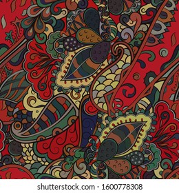 Tracery seamless pattern. Mehndi design. Ethnic colorful doodle texture. Curved doodling background. Vector
