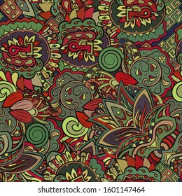 Tracery seamless pattern. Mehndi design. Ethnic colorful doodle texture. Curved doodling background. Vector