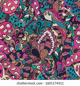 Tracery seamless pattern. Mehndi design. Ethnic colorful doodle texture. Curved doodling background. Vector