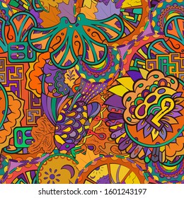 Tracery seamless pattern. Mehndi design. Ethnic colorful doodle texture. Curved doodling background. Vector