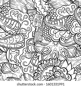 Tracery seamless pattern. Mehndi design. Ethnic monochrome binary doodle texture. Curved doodling black and white background. Vector