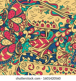Tracery seamless pattern. Mehndi design. Ethnic colorful doodle texture. Curved doodling background. Vector